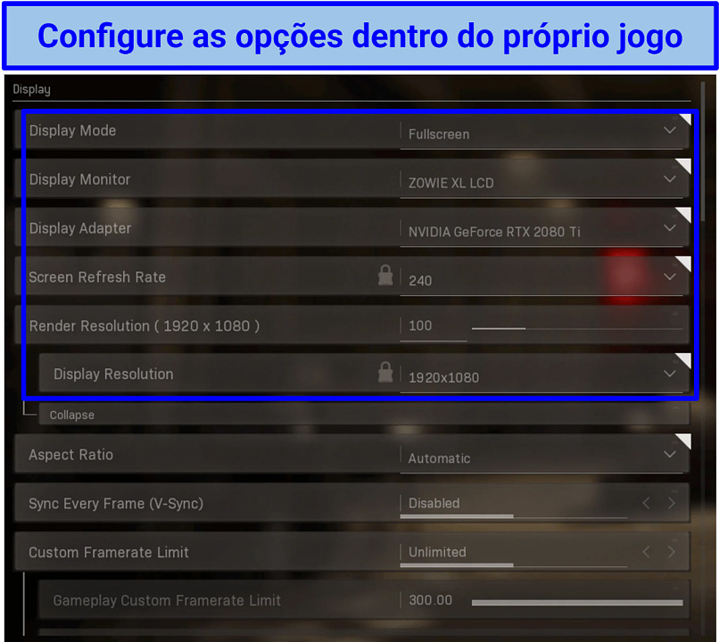 Screenshot das configurações do Warzone