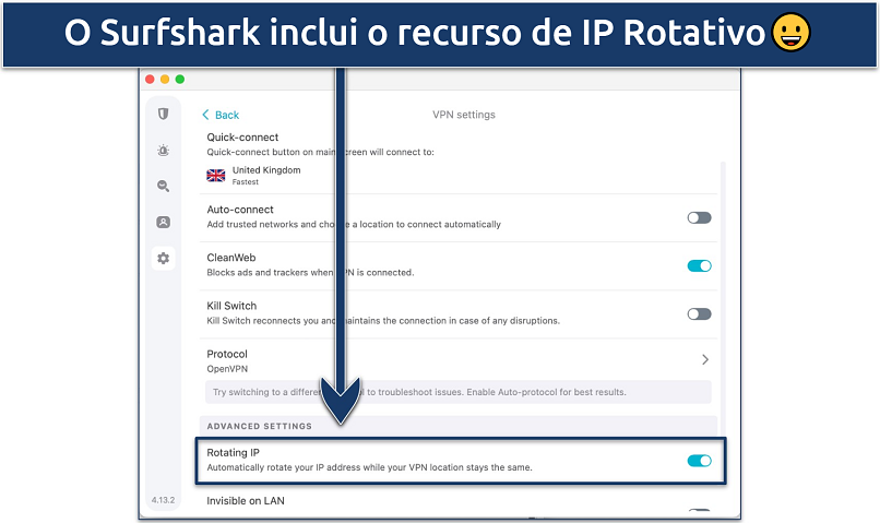 Screenshot of Surfshark's Settings menus with the Rotating IP feature highlighted