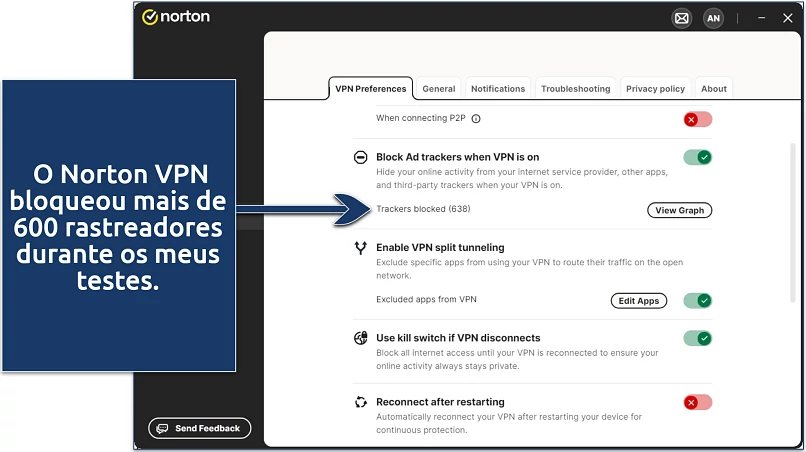 Screenshot of Norton VPN's settings 
