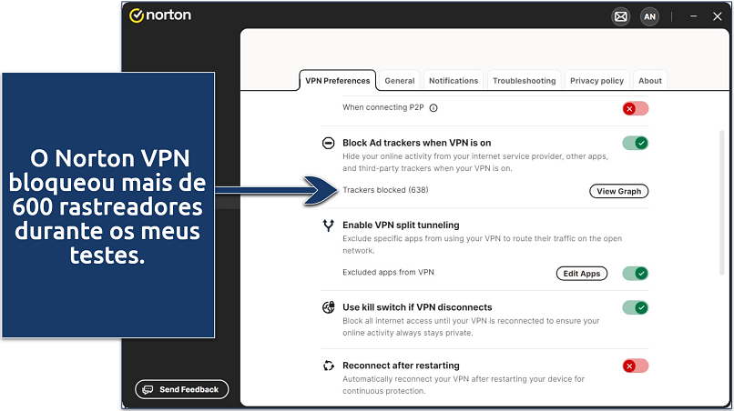 Screenshot of Norton VPN's settings