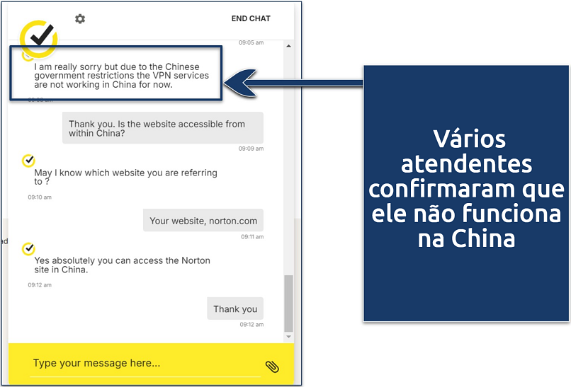 Screenshot of a conversation with Norton VPN customer support regarding the VPN use in China