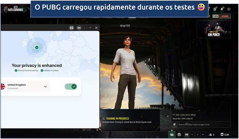 Screenshot of PUBG loading with Norton VPN connected to the UK
