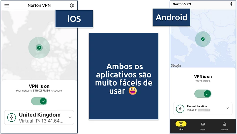Side-by-side screenshots of iOS and Android Norton VPN apps