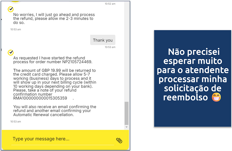 Screenshot of a conversation with Norton VPN support, asking for a refund