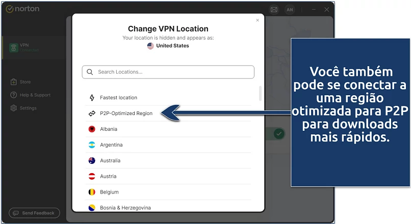 Screenshot of Norton VPN's server list