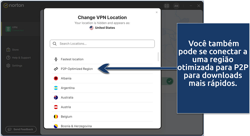 Screenshot of Norton VPN's server list