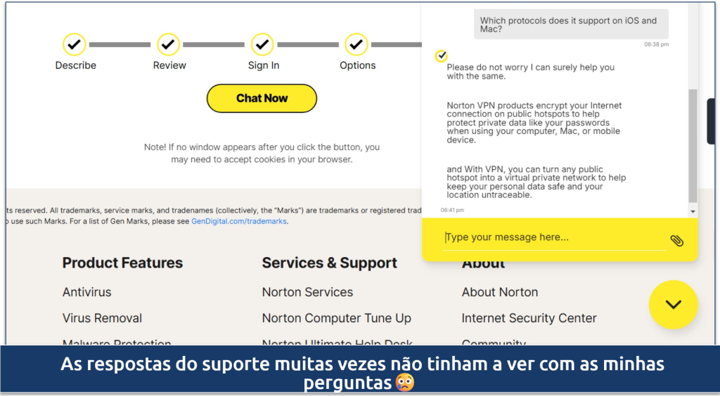 Screenshot of a conversation with Norton VPN's live chat agent