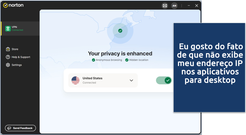 Screenshot of Norton VPN's Windows app connected to a US server
