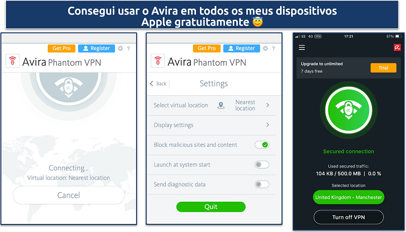 Screenshots showing the Avira Phantom macOS and iOS apps