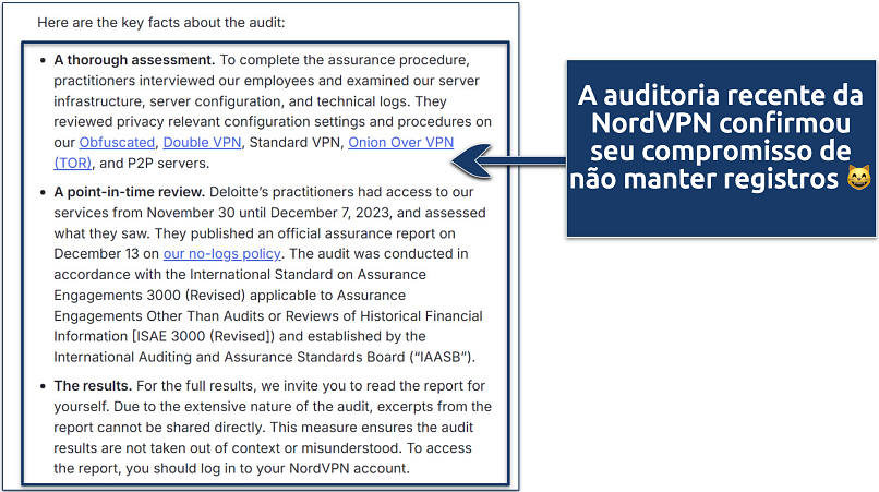 Captura de tela da declaração da NordVPN sobre sua auditoria de atestado