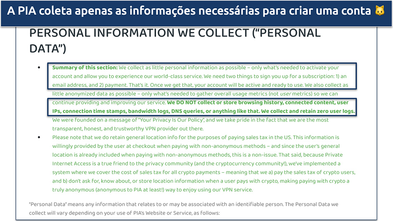 Captura de tela da política de privacidade da PIA destacando os dados coletados