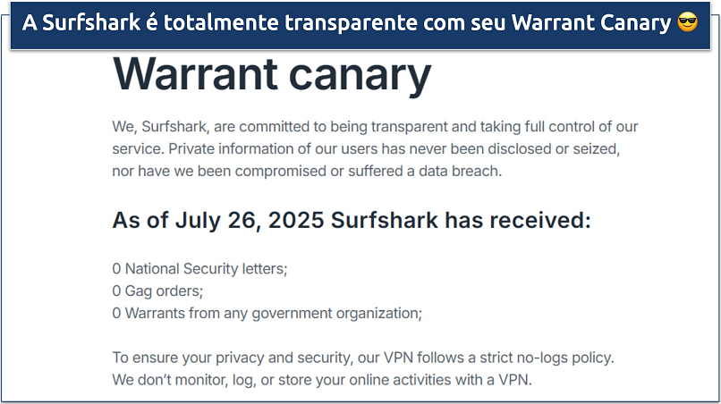 Captura de tela do Warrant Canary da Surfshark