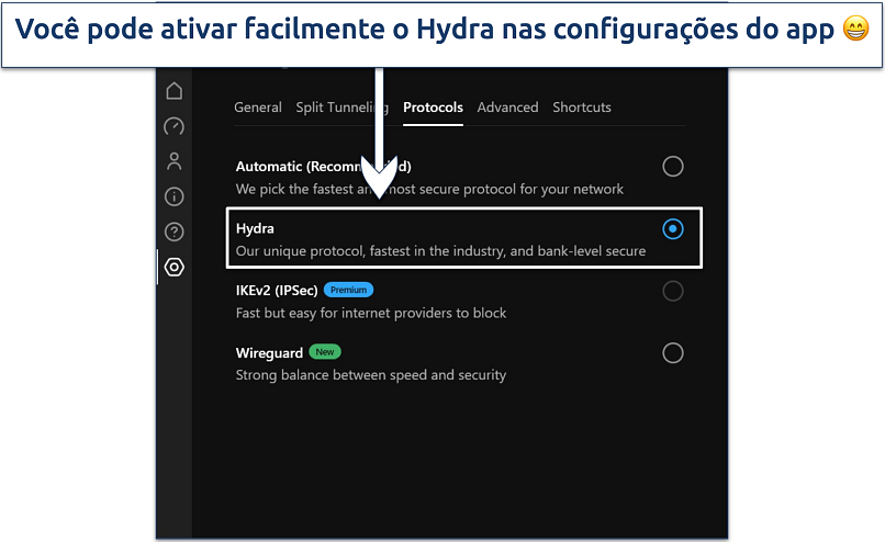 Screenshot showing how to enable Hydra protocol