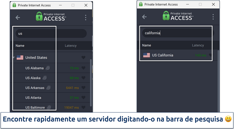 Screenshot of Private Internet Access' Windows app highlighting how to use the server search bar