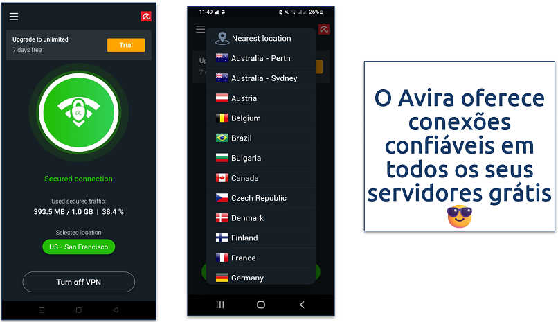 Screenshot of Avira Phantom VPN server list