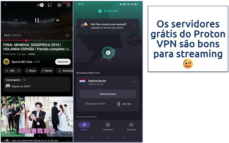 A YouTube video streaming on Android with Proton VPN connected
