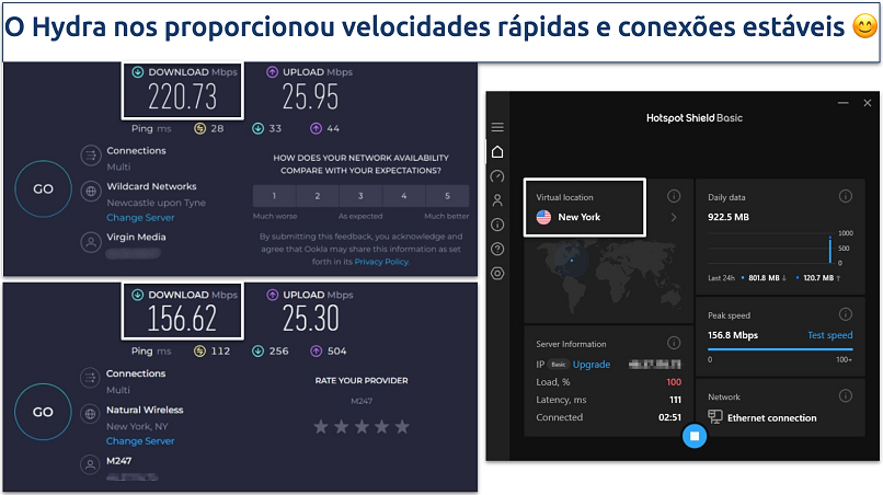 Screenshot of Hotspot Shield's speed test results