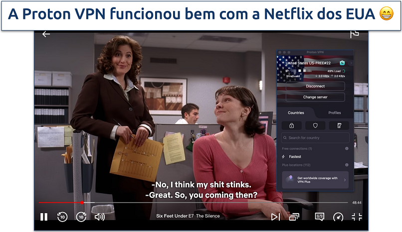 Captura de tela de Six Feet Under sendo transmitido na Netflix dos EUA com a Proton VPN conectada