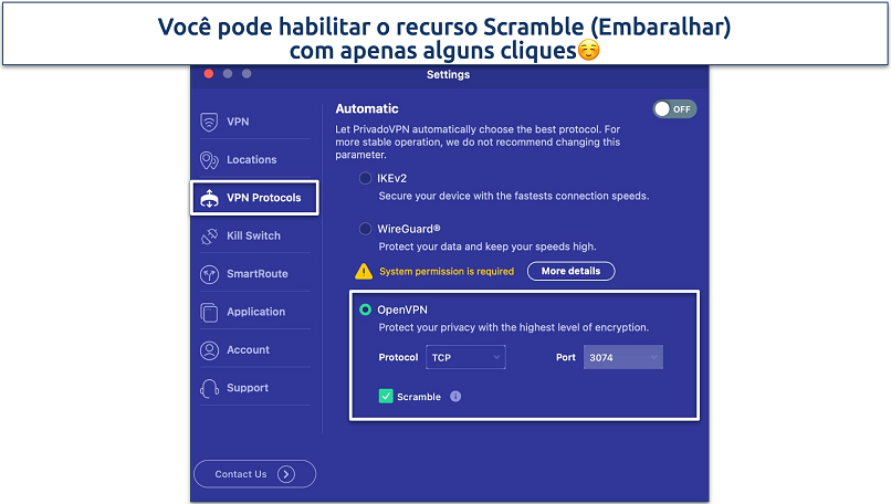 Screenshot showing how to enable PrivadoVPN's Scramble feature