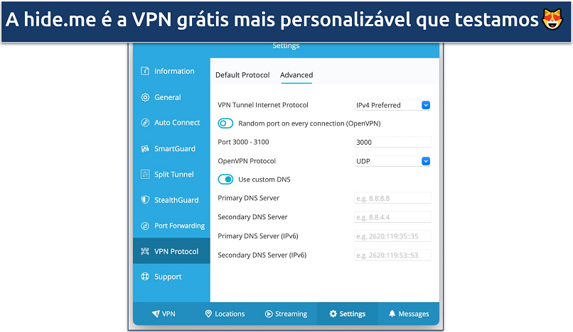 Captura de tela mostrando a segurança personalizável do hide.me