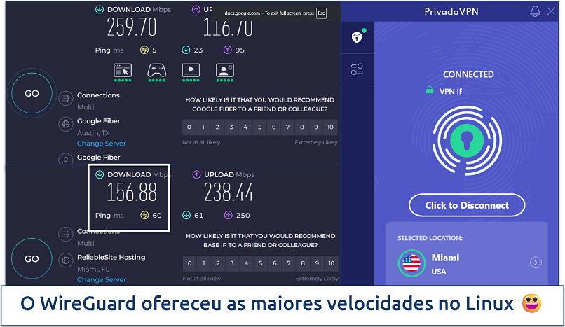 Screenshot of a speed chart showing speeds on PrivadoVPN's Miami server