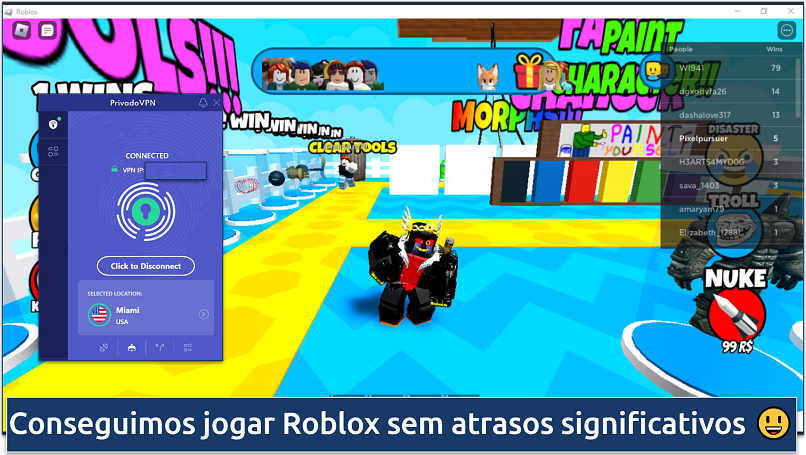Captura de tela de uma partida de Roblox com o Privado VPN conectado a um servidor em Miami