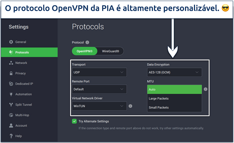 Screenshot of PIA's protocol settings page with its OpenVPN customization options