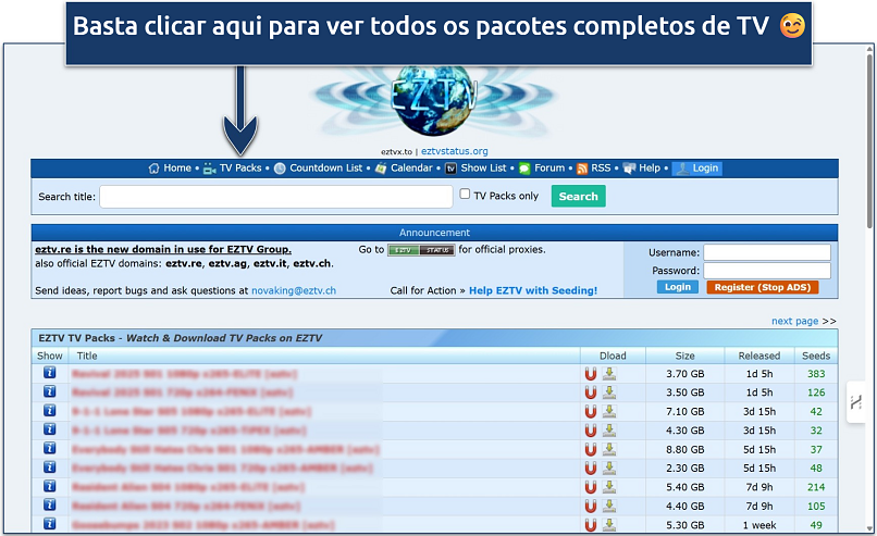 Screenshot of the TV Packs page on EZTV