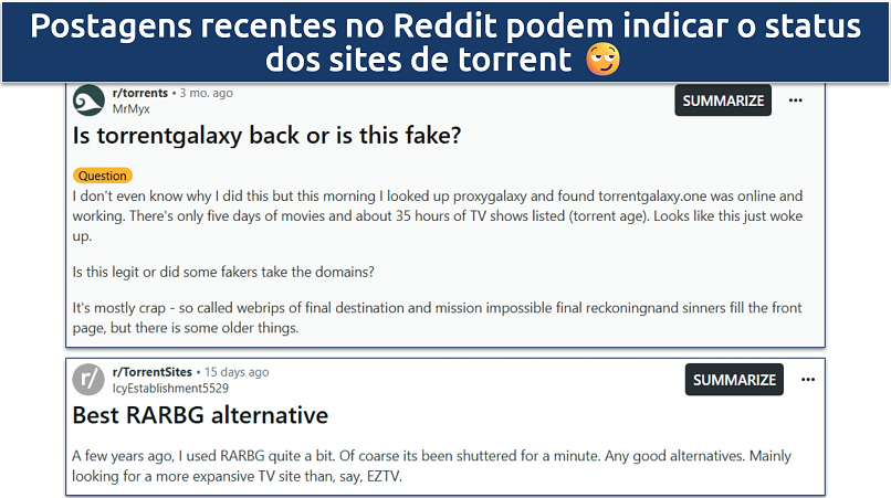 Screenshot of Reddit posts talking about TorrentGalaxy and RARBG