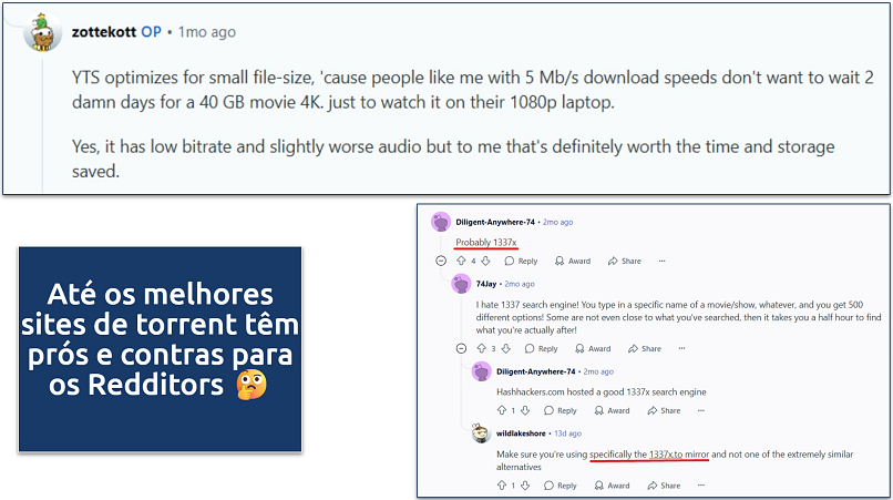 Screenshot of Reddit screenshots talking about 1337x and YTS