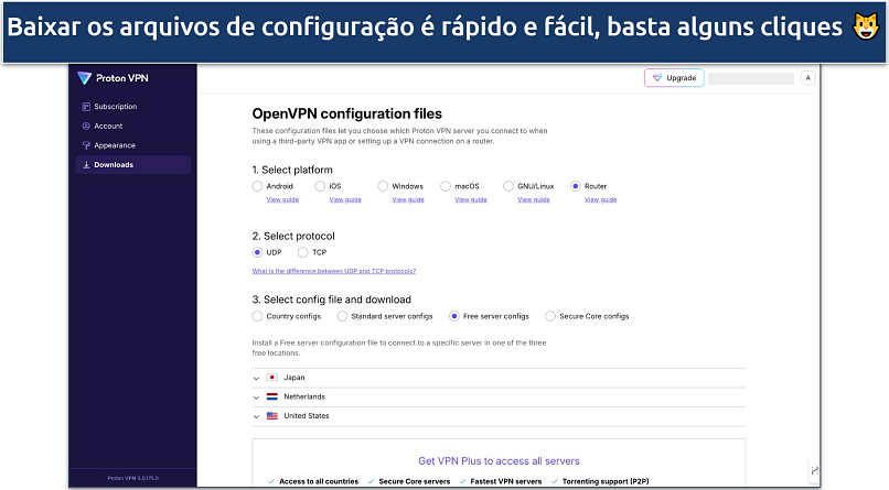Captura de tela da página de download dos arquivos de configuração do OpenVPN do Proton VPN