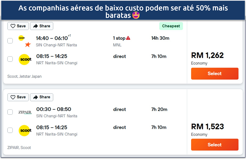 Screenshot of a Kayak flight search showing prices from budget carriers
