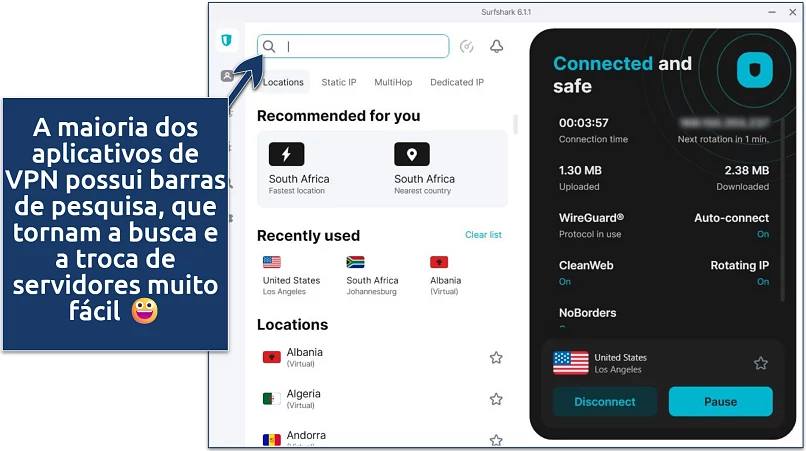 Screenshot of Surfshark’s Windows app interface with its server selection menu and connection status panel