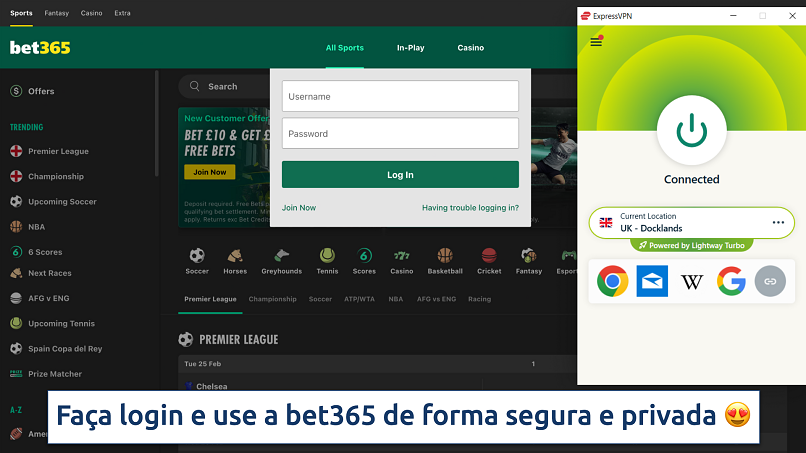 Screenshot showing the ExpressVPN app connected to a UK server over the bet365 login page