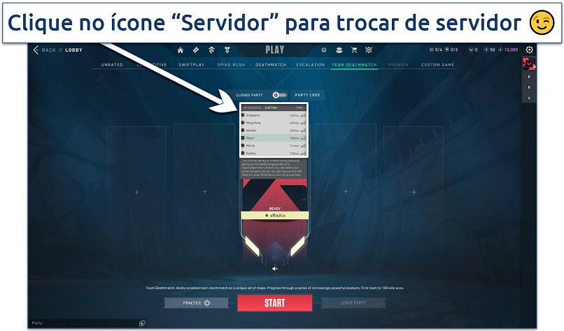 Screenshot of Valorant's in-game server change window