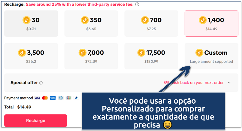 Screenshot of TikTok recharge page highlighting coin bundle options