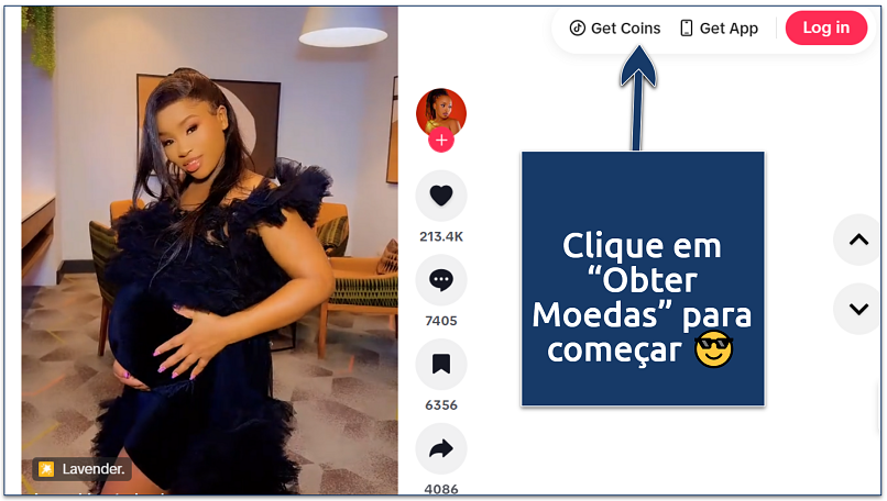 Screenshot showing the TikTok interface with an arrow pointing to the “Get Coins” button at the top right