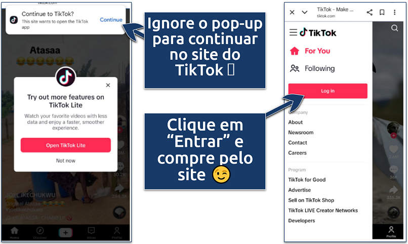Screenshots showing TikTok login flow on mobile: TikTok Lite popup, continue to app, and login page