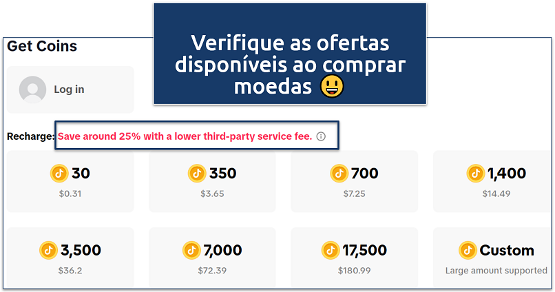 Screenshot of TikTok coin recharge page showing different purchase options