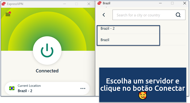 Screenshot of ExpressVPN connected to Brazil, showing the location selection menu for choosing different servers