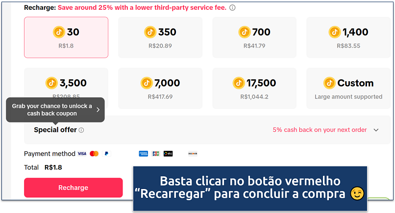 Screenshot of TikTok coin recharge page in Brazilian currency (R$), showing reduced prices for different bundles