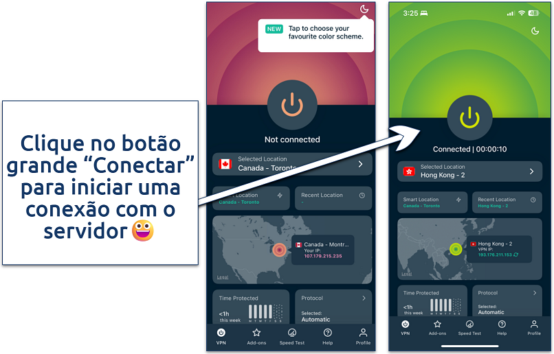 Screenshot showing how to connect to a server on the ExpressVPN iOS app