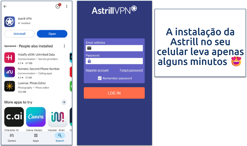 Screenshot showing how to install Astrill VPN on Android