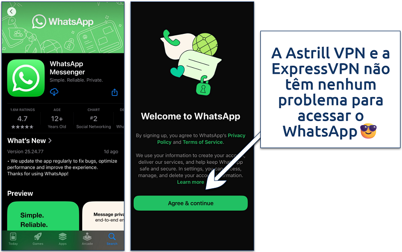 Screenshot showing how to stay connected to the VPN server while downloading WhatsApp from the App Store