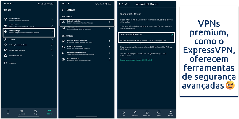 Screenshot showing how to turn on the kill switch on the ExpressVPN iOS app