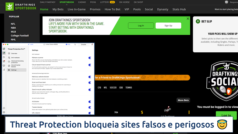 Screenshot showing the NordVPN app over the DraftKings website