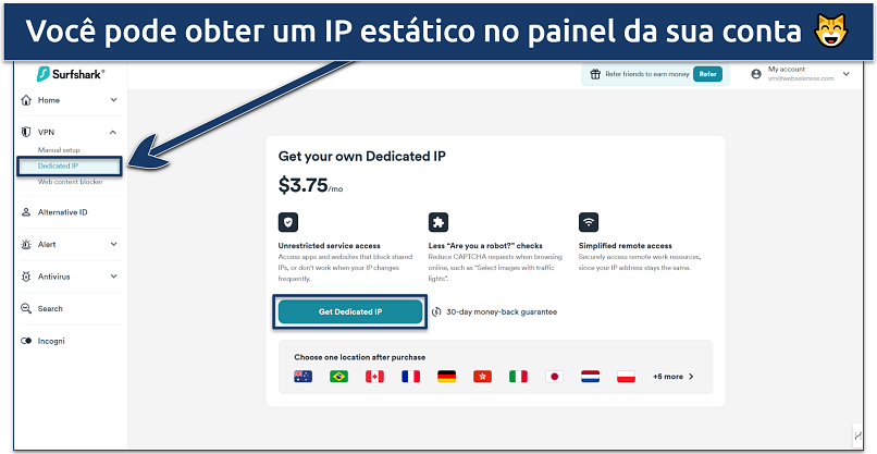 Screenshot showing Dedicated IP on the Surfshark website