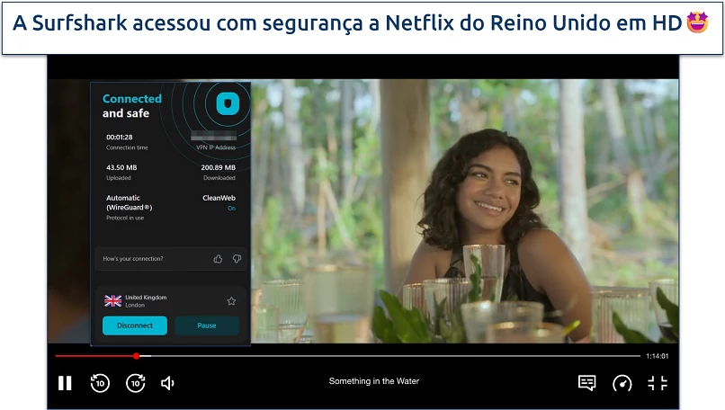 Screenshot of Something in the Water streaming on Netflix UK with Surfshark connected