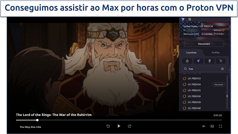 Screenshot of Max player streaming The Lord of the Rings: The War of the Rohirrim while connected to a free US Proton VPN server 