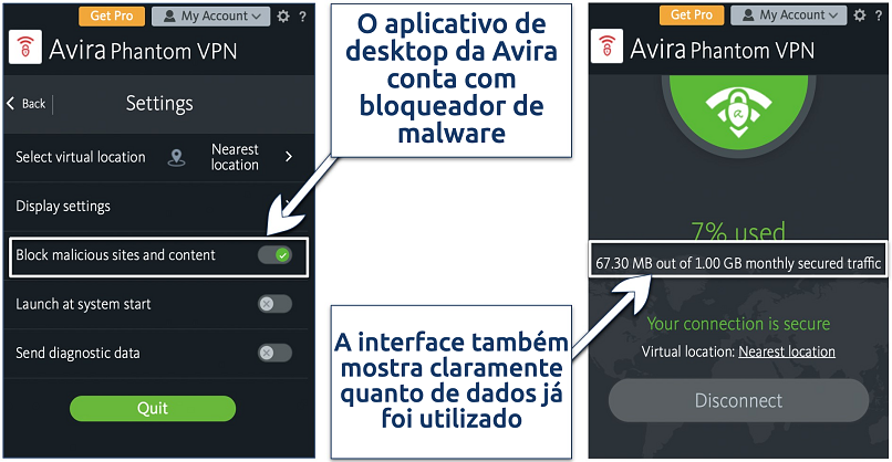 Screenshot showing settings and main app interface of Avira's Windows app
